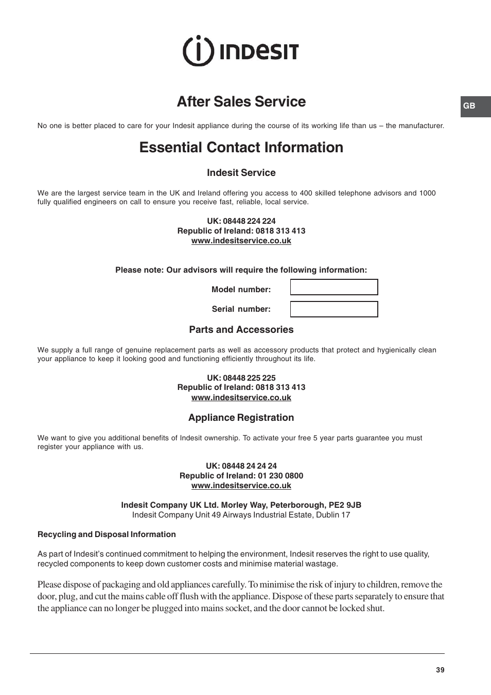 After sales service, Essential contact information | Indesit Electric built-in double oven FID20WH User Manual | Page 39 / 40