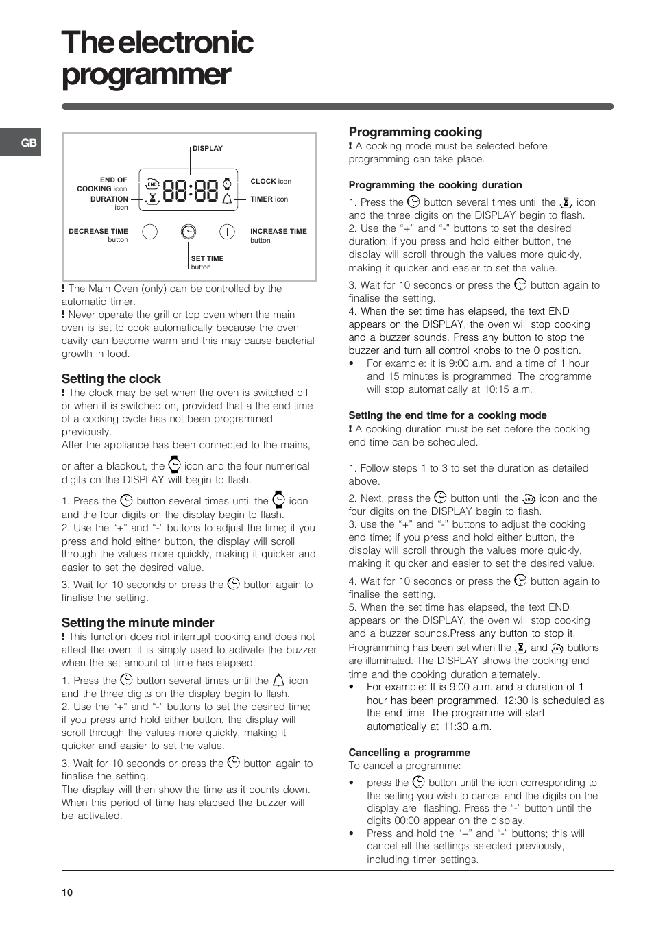 The electronic programmer, Setting the clock, Setting the minute minder | Programming cooking | Indesit FID10IX/1 User Manual | Page 10 / 40