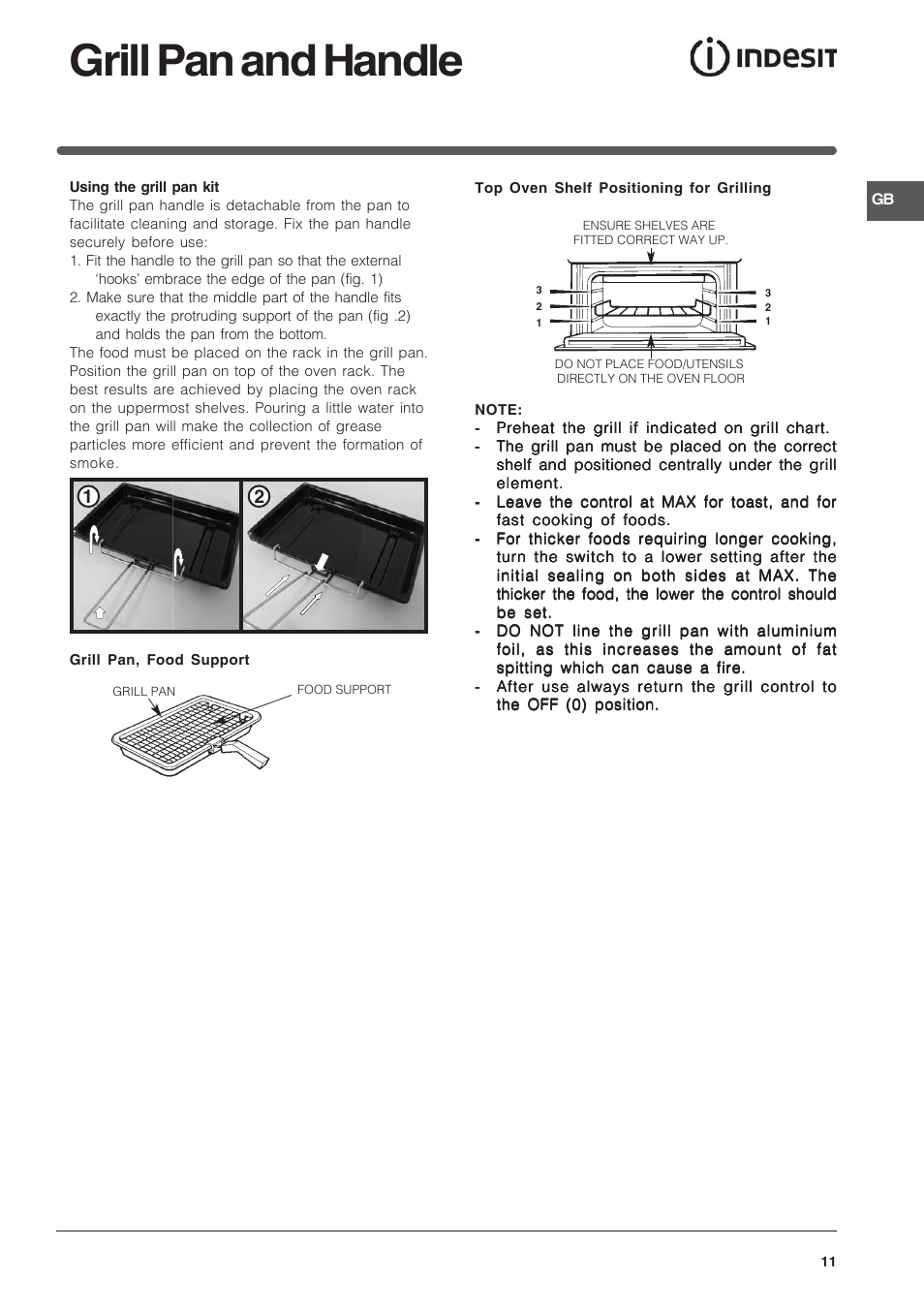 Grill pan and handle | Indesit FID10IX/1 User Manual | Page 11 / 40