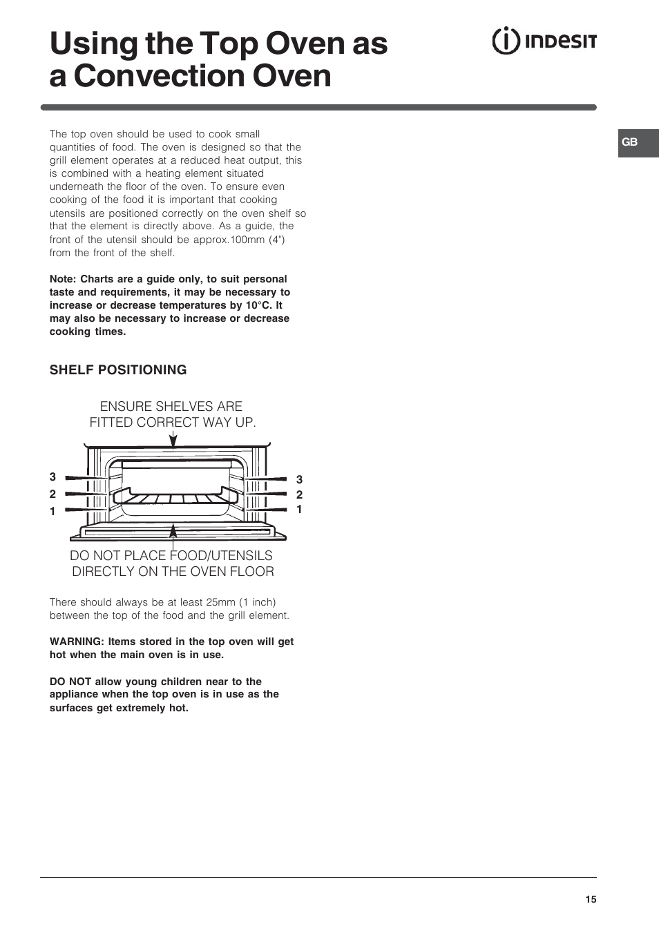 Using the top oven as a convection oven | Indesit FID10IX/1 User Manual | Page 15 / 40