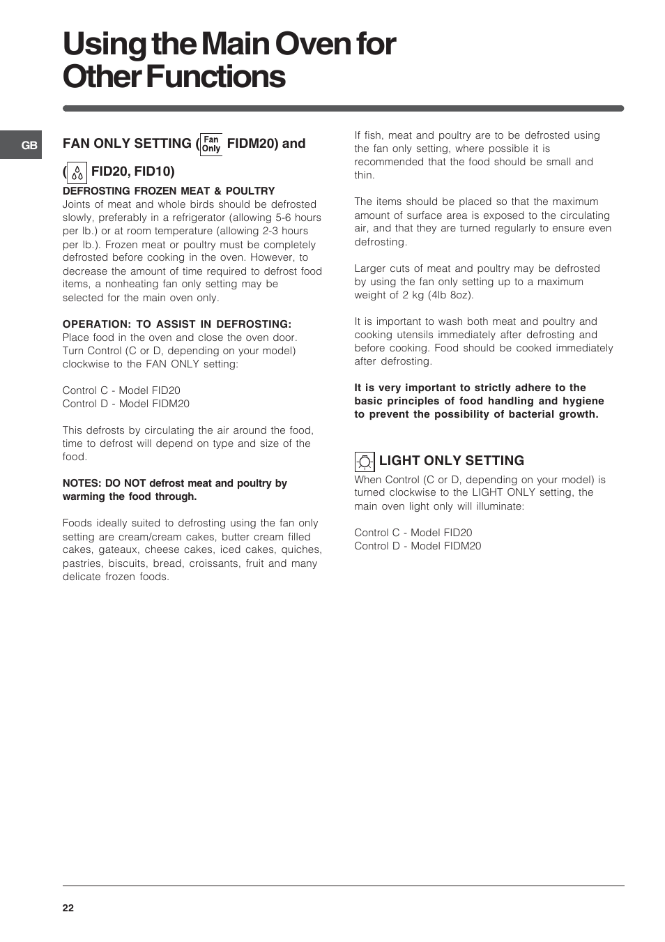 Using the main oven for other functions | Indesit FID10IX/1 User Manual | Page 22 / 40