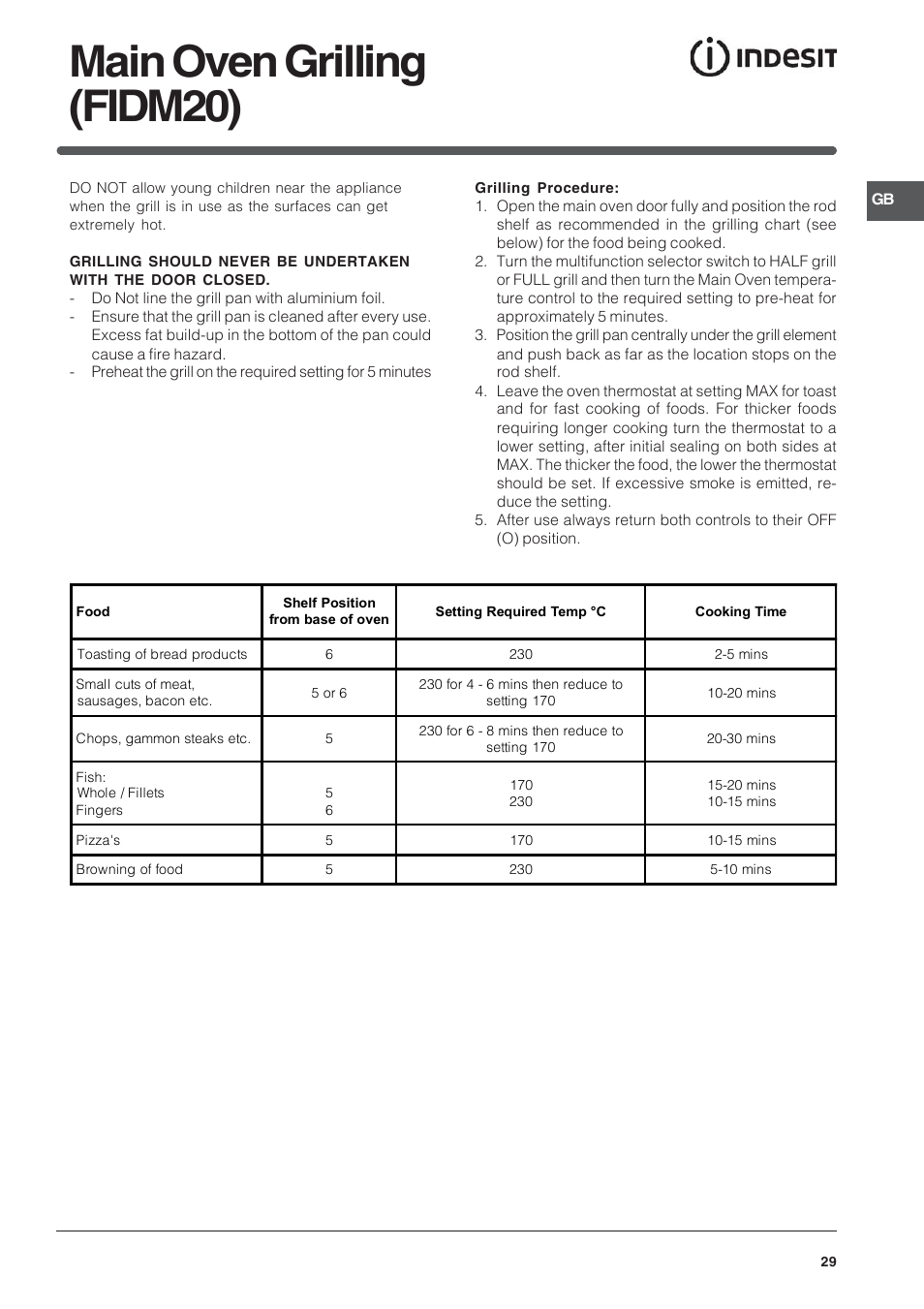 Main oven grilling (fidm20) | Indesit FID10IX/1 User Manual | Page 29 / 40