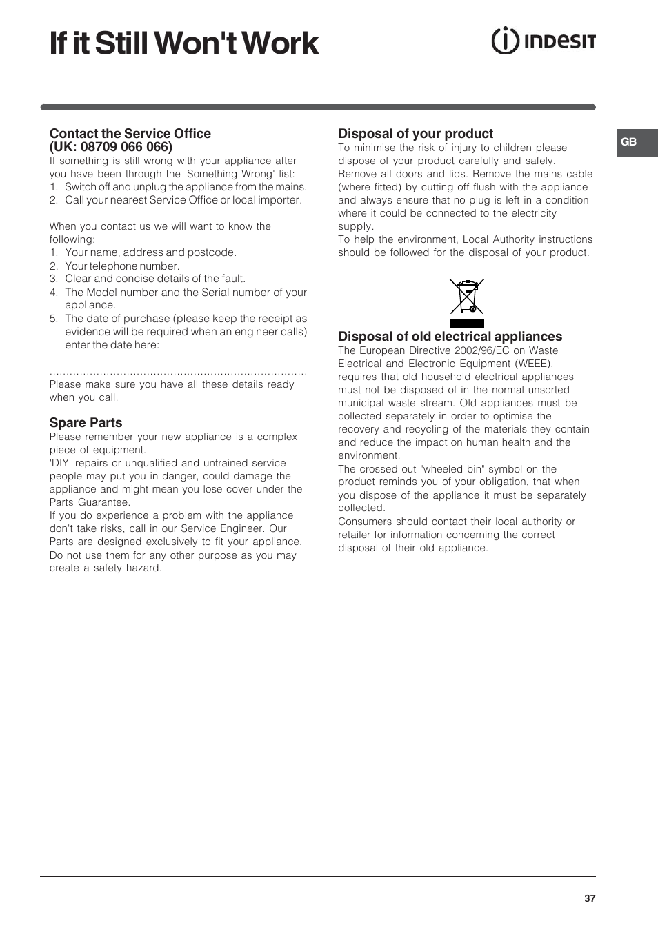 If it still won't work | Indesit FID10IX/1 User Manual | Page 37 / 40