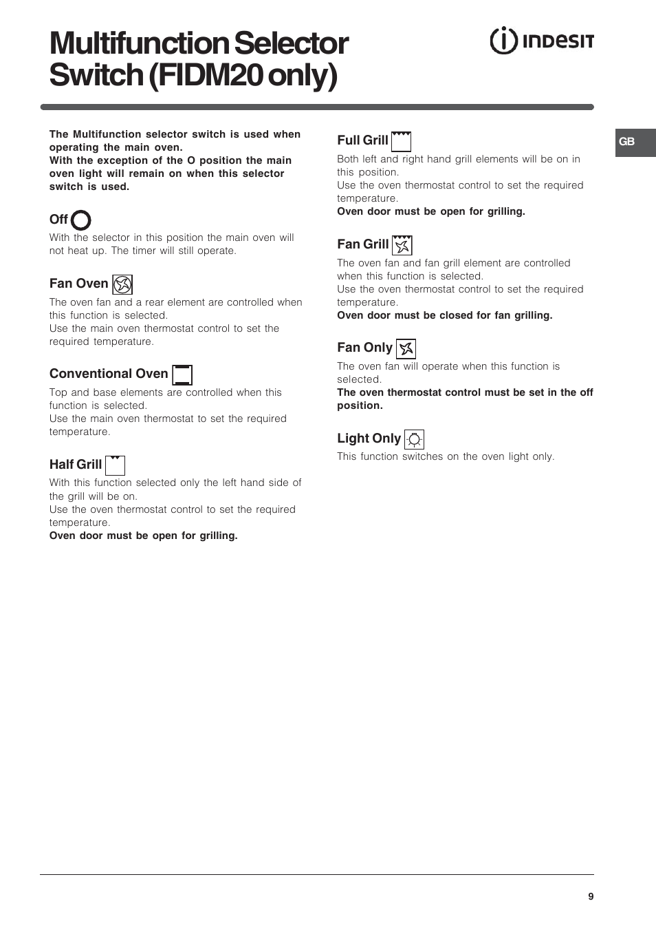 Multifunction selector switch (fidm20 only) | Indesit FID10IX/1 User Manual | Page 9 / 40