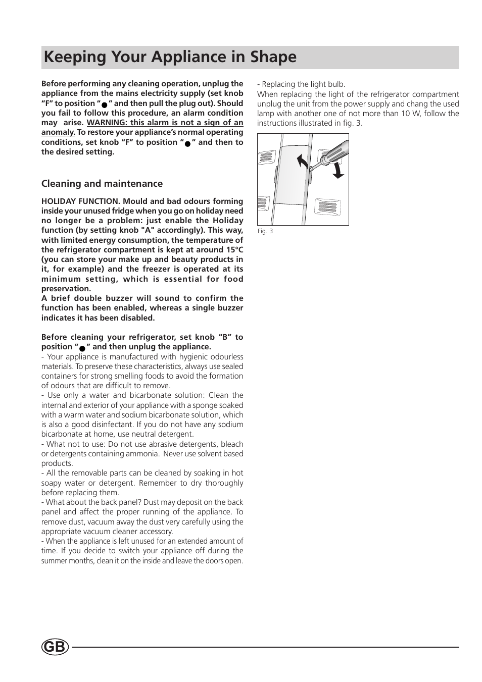 Keeping your appliance in shape | Indesit B 33 FNF P User Manual | Page 12 / 16