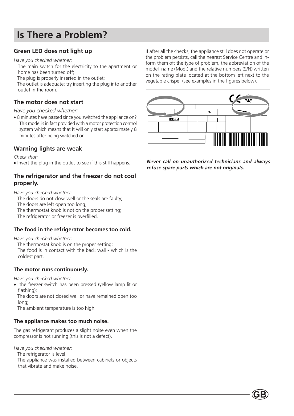 Is there a problem, Green led does not light up, The motor does not start | Warning lights are weak | Indesit B 33 FNF P User Manual | Page 13 / 16