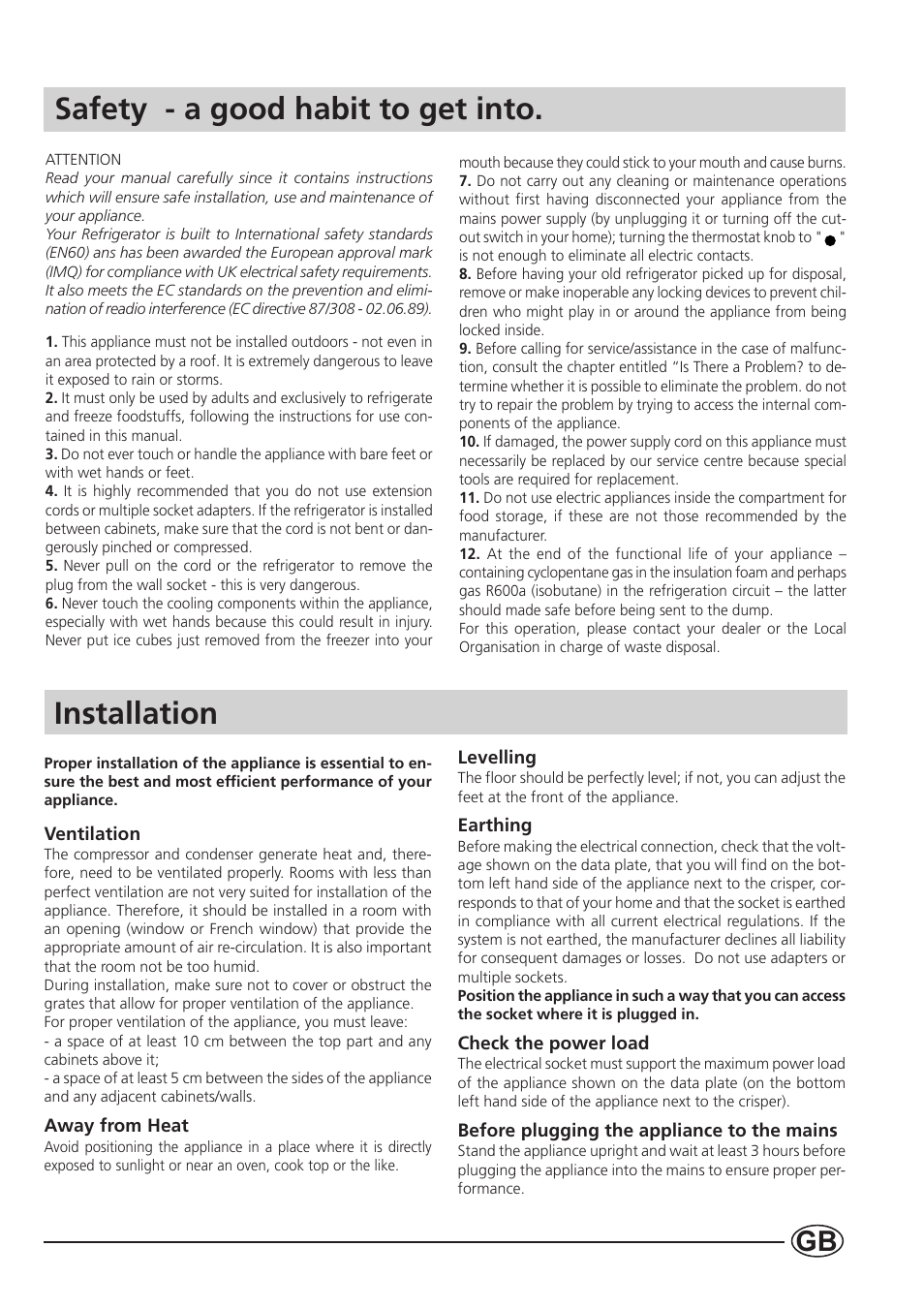 Safety - a good habit to get into. installation | Indesit B 33 FNF P User Manual | Page 3 / 16