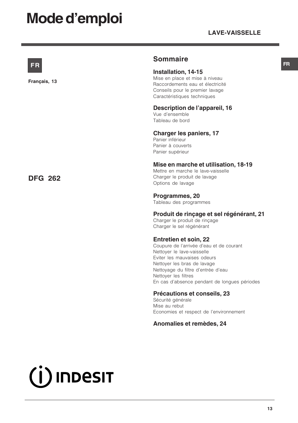 Mode demploi, Sommaire, Dfg 262 | Indesit DFG 262  EN User Manual | Page 13 / 84