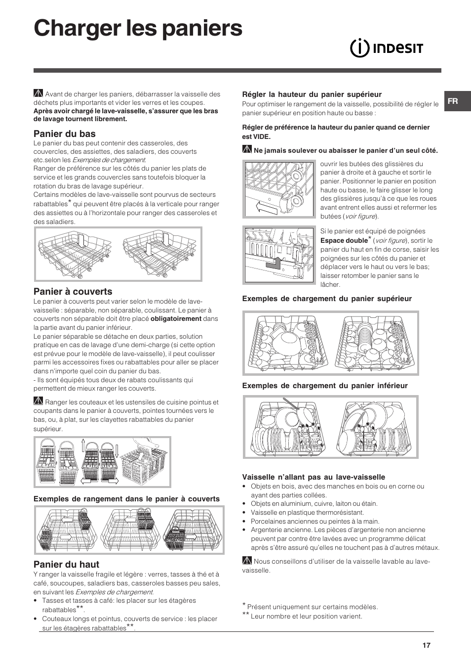 Charger les paniers, Panier du bas, Panier à couverts | Panier du haut | Indesit DFG 262  EN User Manual | Page 17 / 84