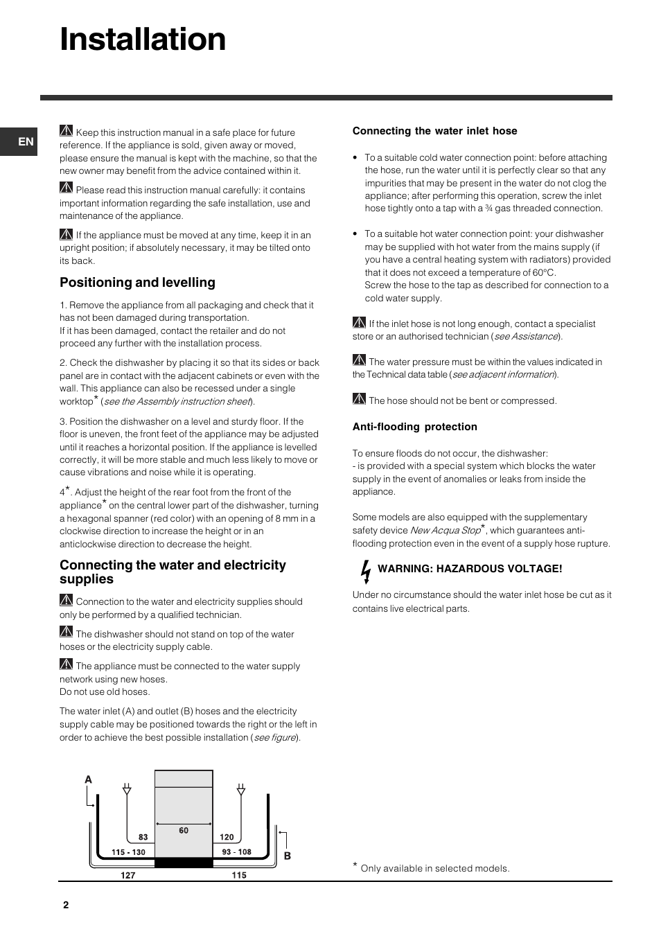 Installation, Positioning and levelling, Connecting the water and electricity supplies | Indesit DFG 262  EN User Manual | Page 2 / 84