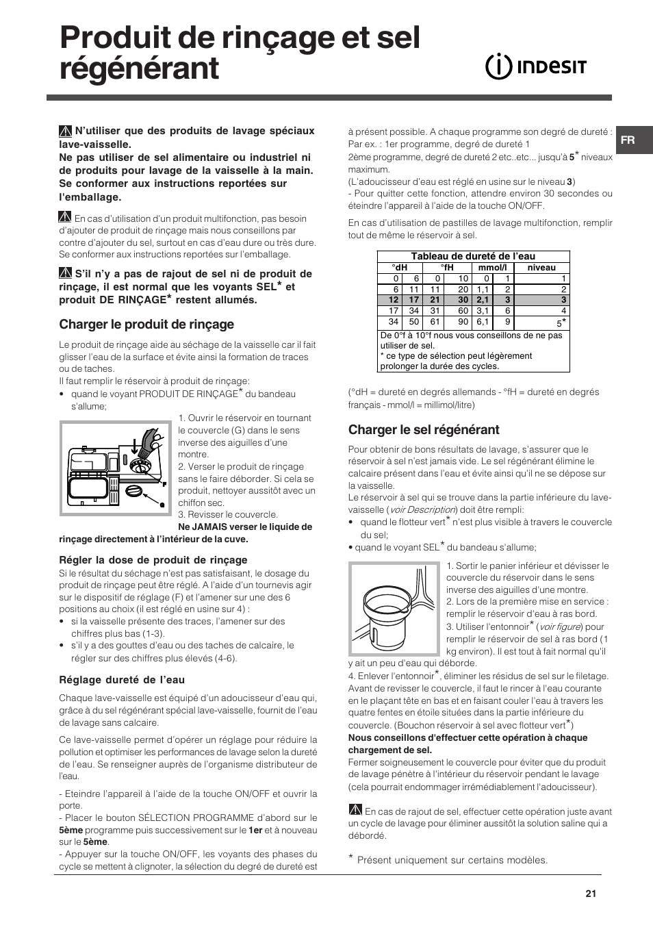 Produit de rinçage et sel régénérant, Charger le produit de rinçage, Charger le sel régénérant | Indesit DFG 262  EN User Manual | Page 21 / 84