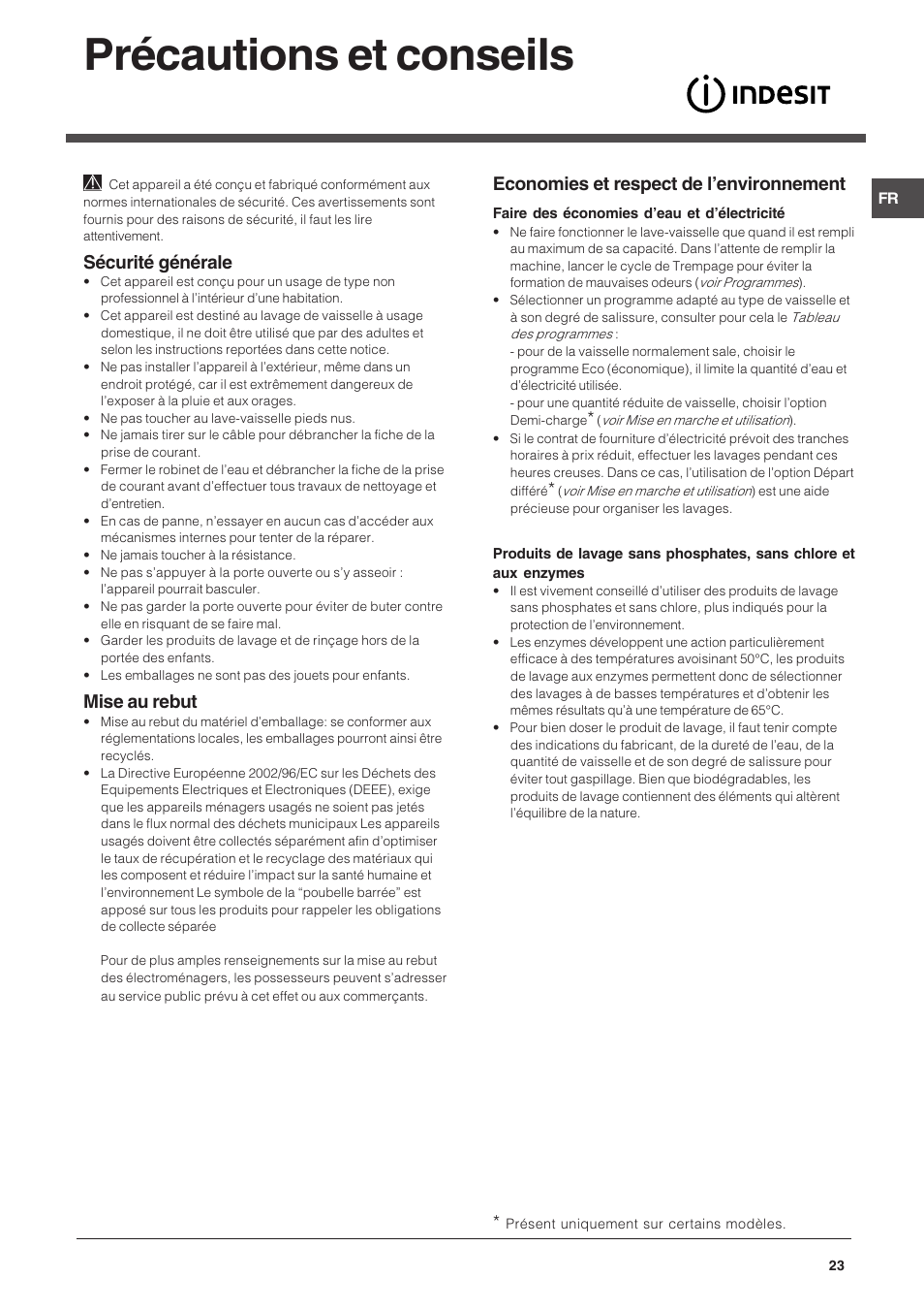 Précautions et conseils, Sécurité générale, Mise au rebut | Economies et respect de lenvironnement | Indesit DFG 262  EN User Manual | Page 23 / 84