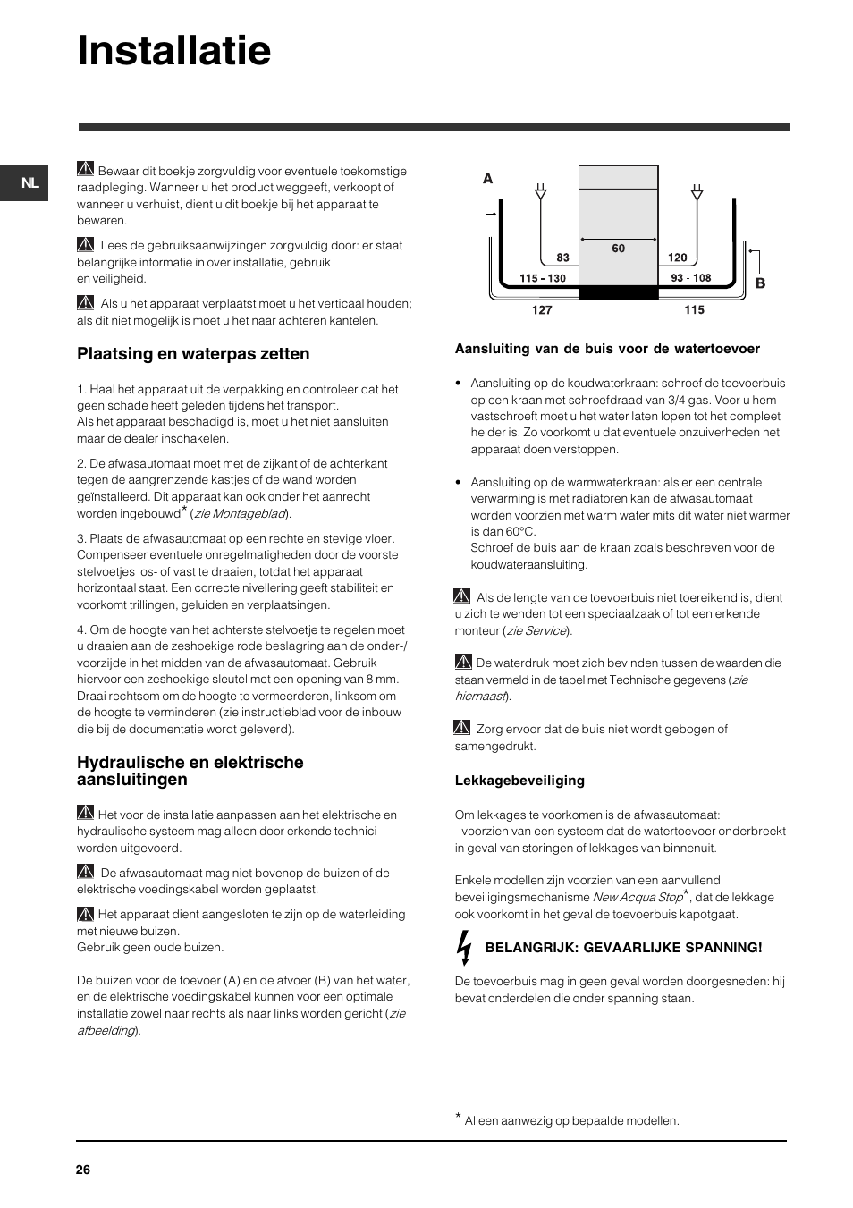 Installatie, Plaatsing en waterpas zetten, Hydraulische en elektrische aansluitingen | Indesit DFG 262  EN User Manual | Page 26 / 84