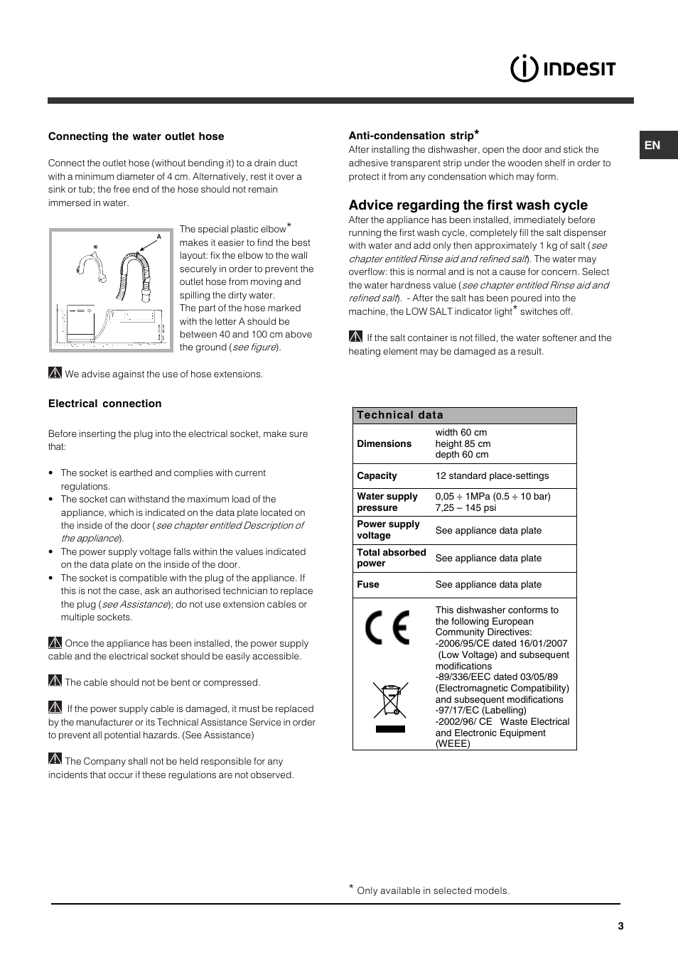 Advice regarding the first wash cycle | Indesit DFG 262  EN User Manual | Page 3 / 84