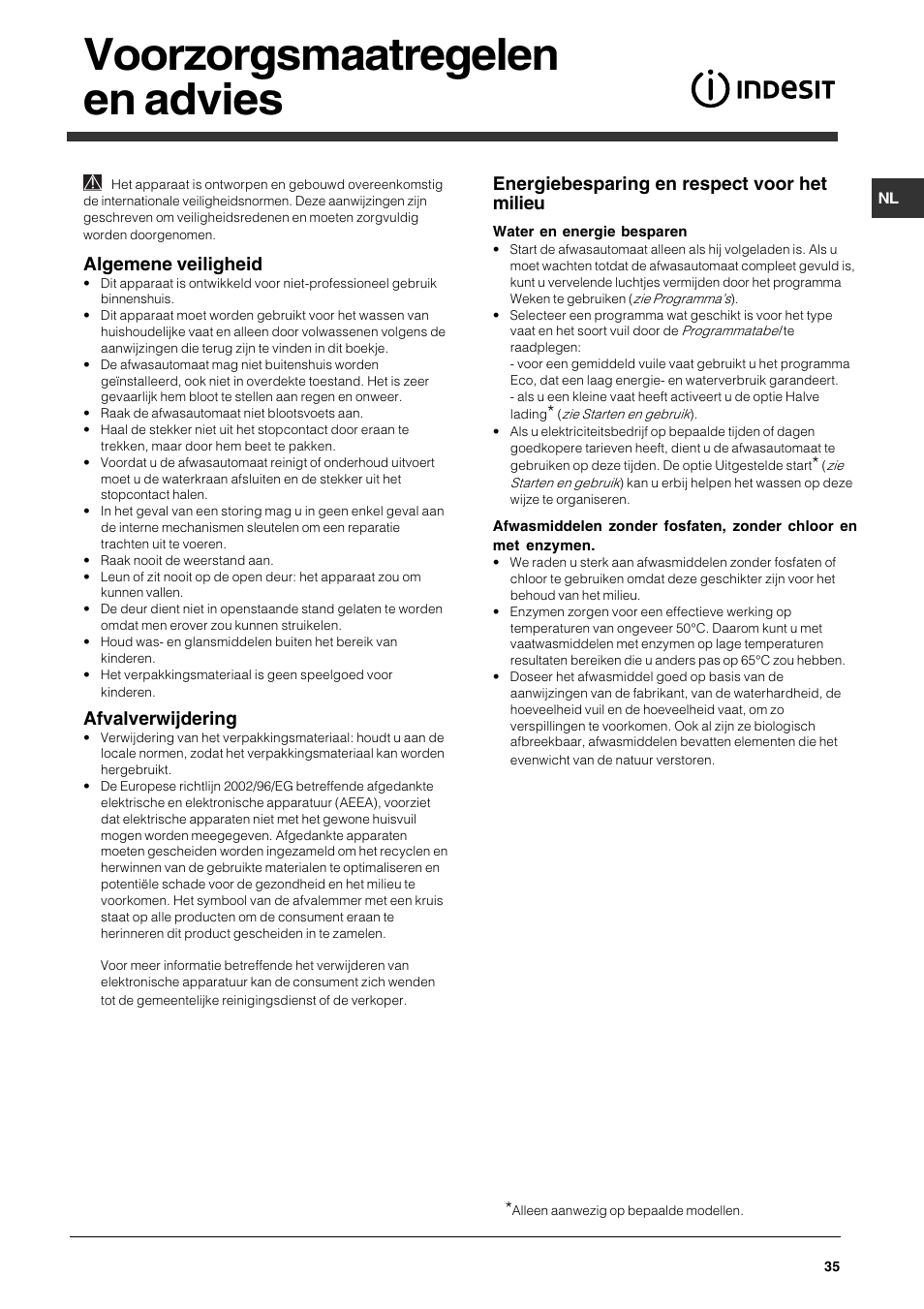 Voorzorgsmaatregelen en advies, Algemene veiligheid, Afvalverwijdering | Energiebesparing en respect voor het milieu | Indesit DFG 262  EN User Manual | Page 35 / 84