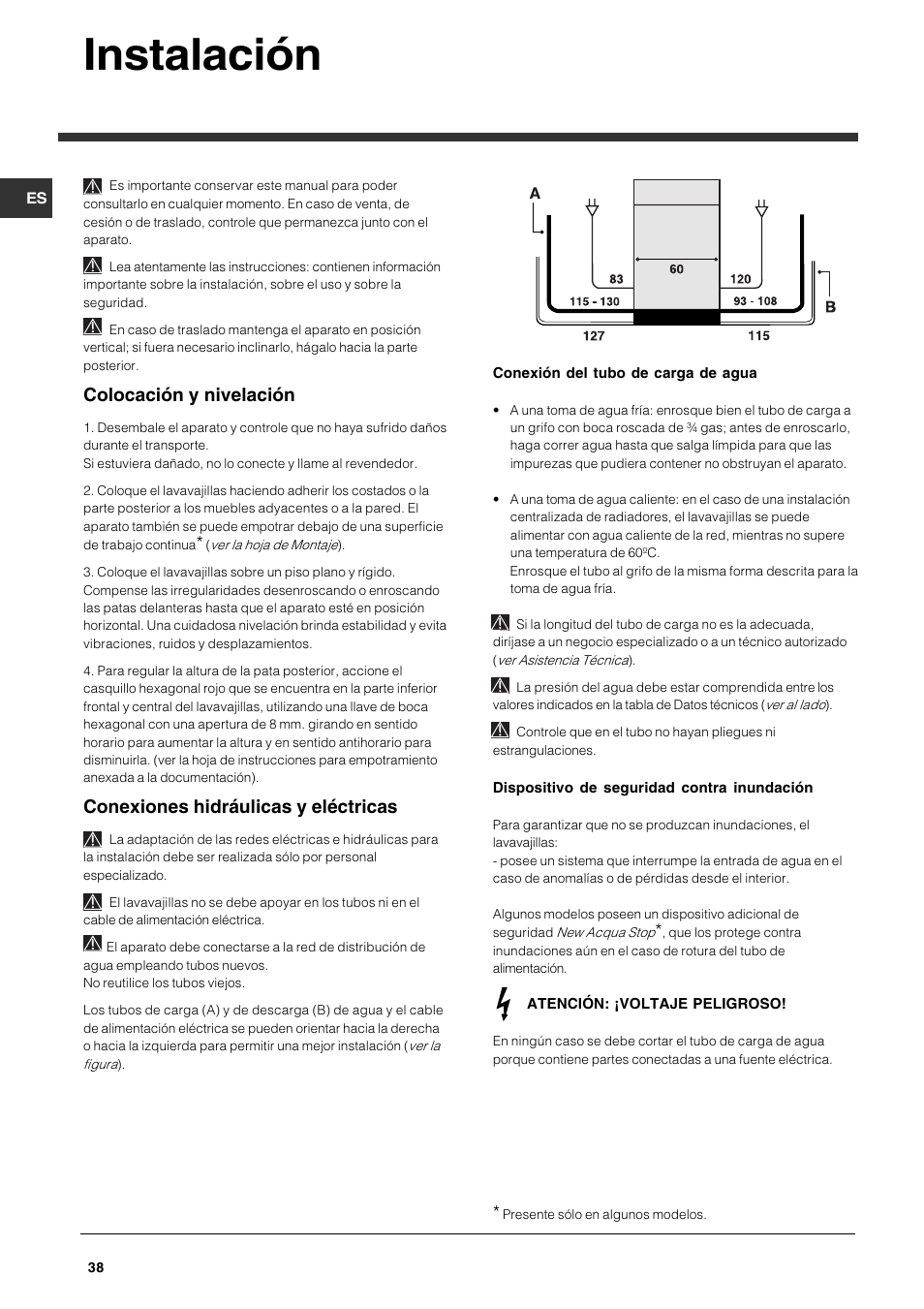 Instalación, Colocación y nivelación, Conexiones hidráulicas y eléctricas | Indesit DFG 262  EN User Manual | Page 38 / 84