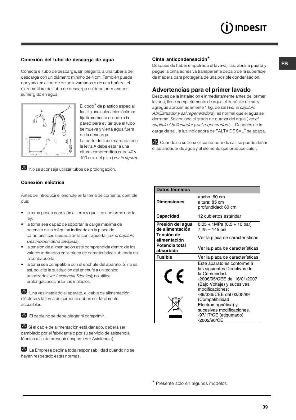 Advertencias para el primer lavado | Indesit DFG 262  EN User Manual | Page 39 / 84