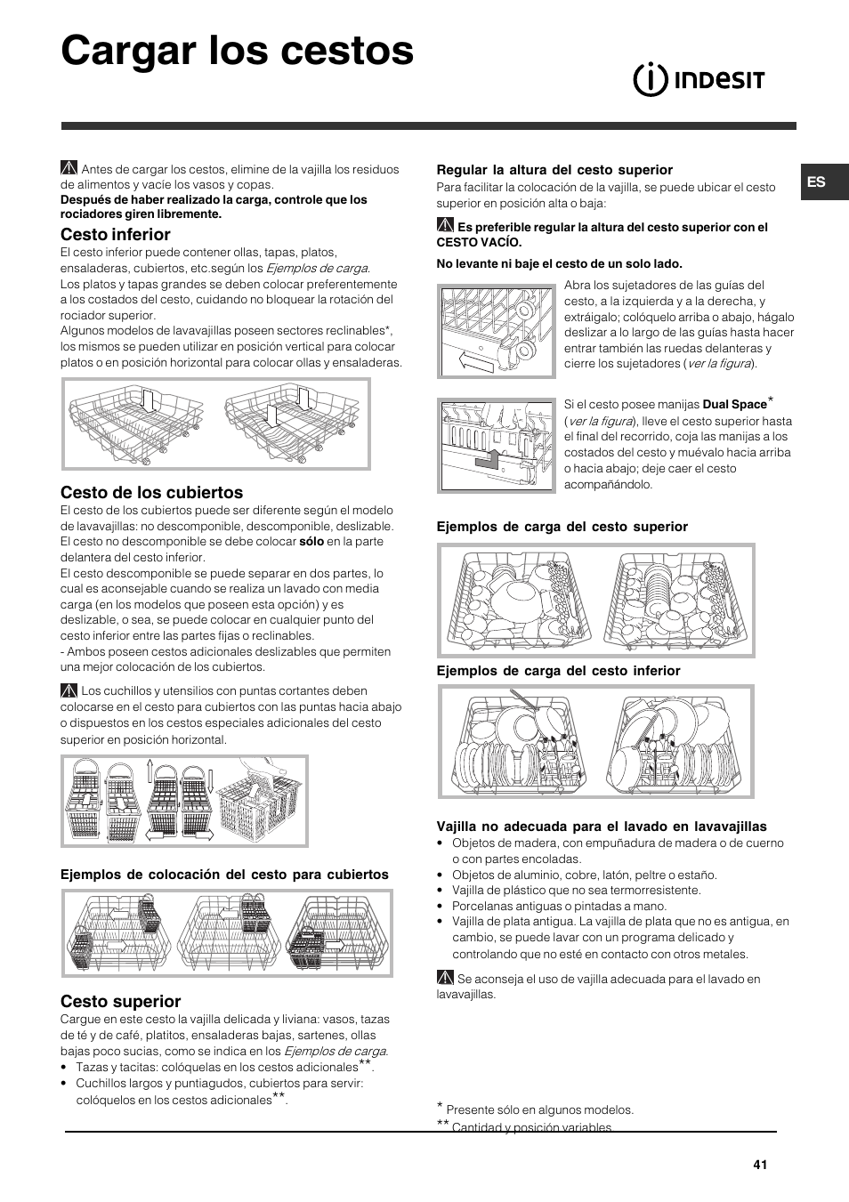 Cargar los cestos, Cesto inferior, Cesto de los cubiertos | Cesto superior | Indesit DFG 262  EN User Manual | Page 41 / 84