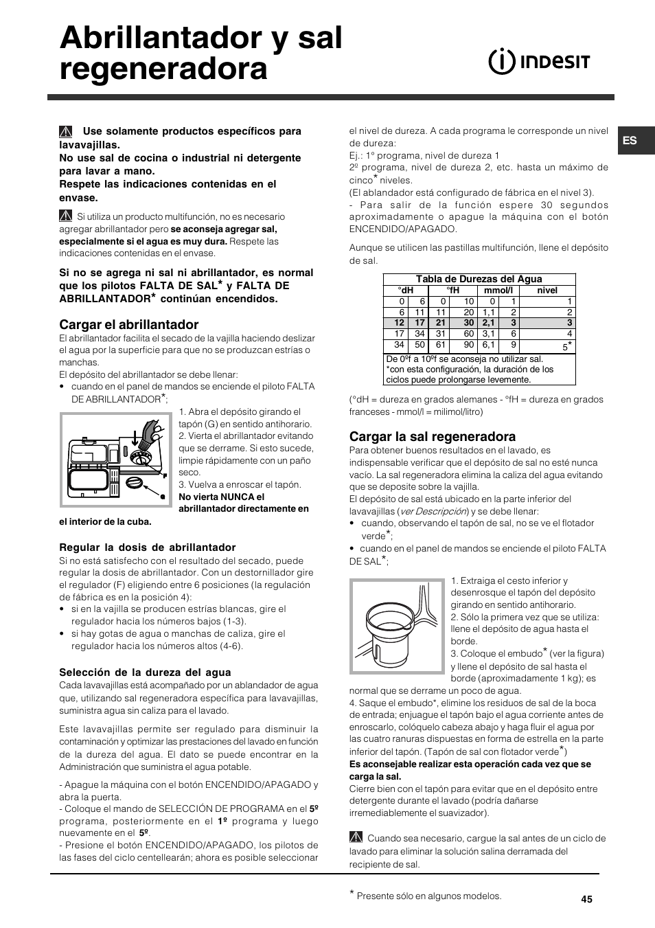 Abrillantador y sal regeneradora, Cargar el abrillantador, Cargar la sal regeneradora | Indesit DFG 262  EN User Manual | Page 45 / 84