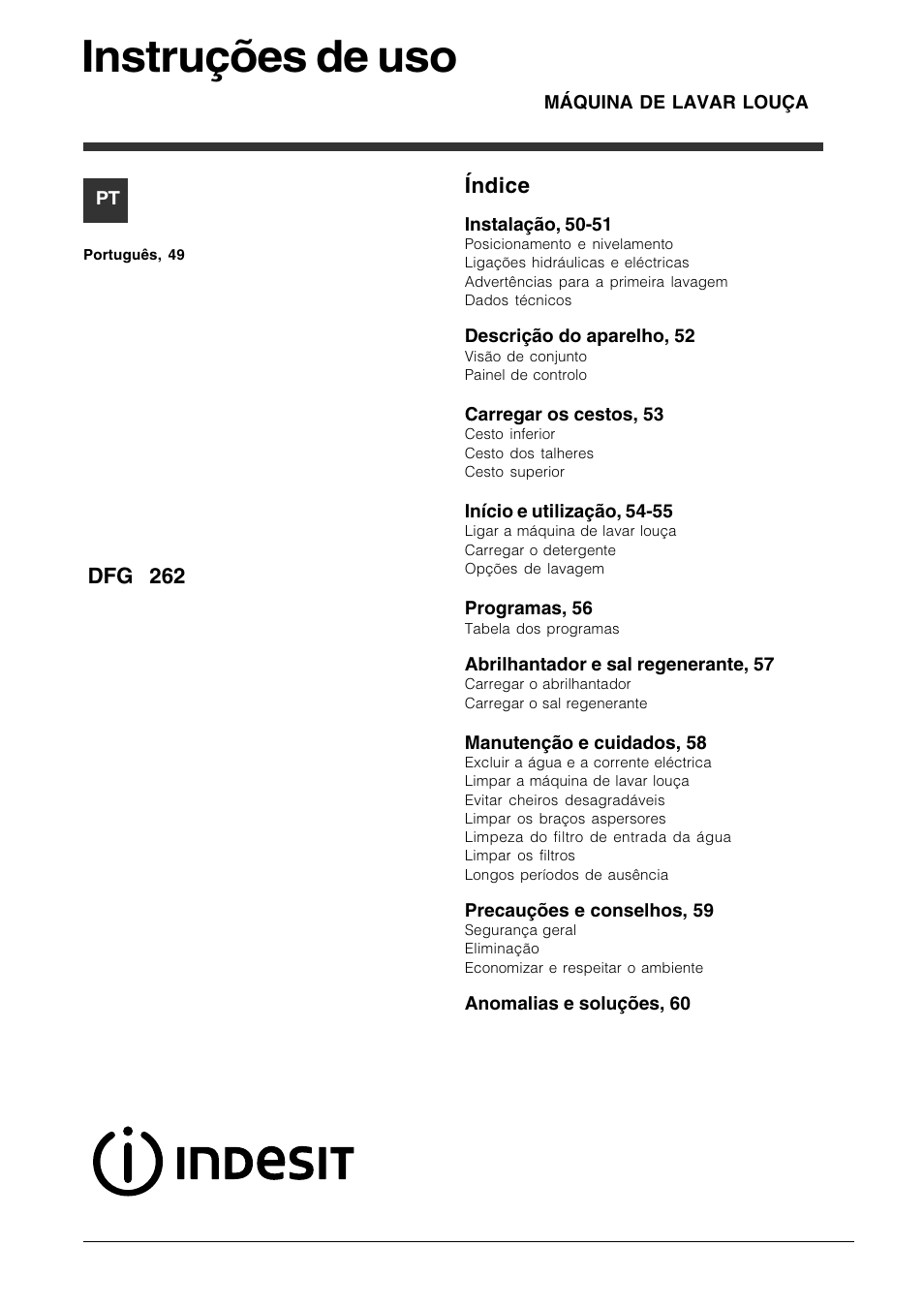 Instruções de uso, Índice, Dfg 262 | Indesit DFG 262  EN User Manual | Page 49 / 84
