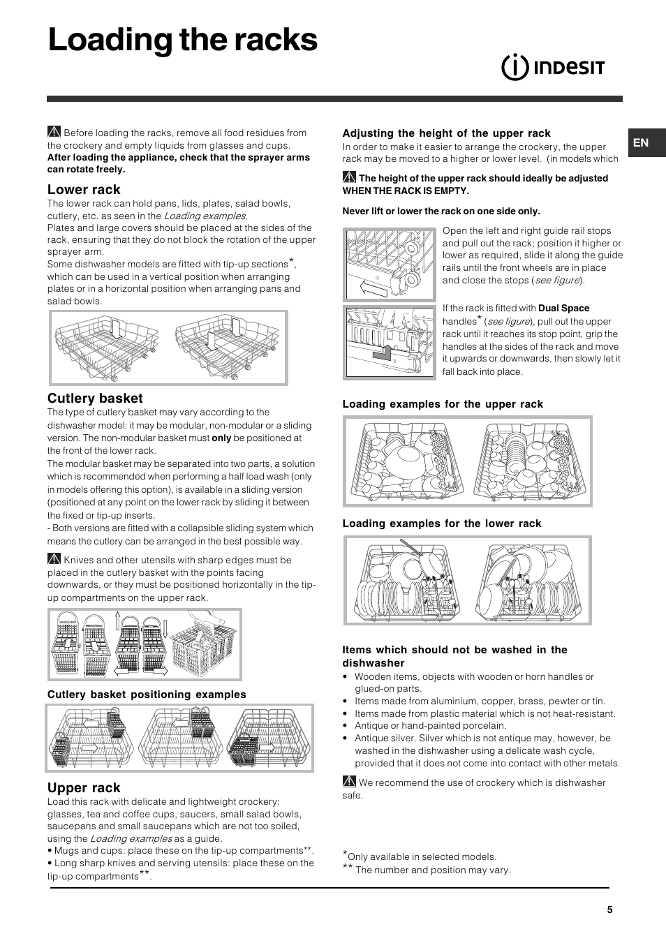 Loading the racks, Lower rack, Cutlery basket | Upper rack | Indesit DFG 262  EN User Manual | Page 5 / 84