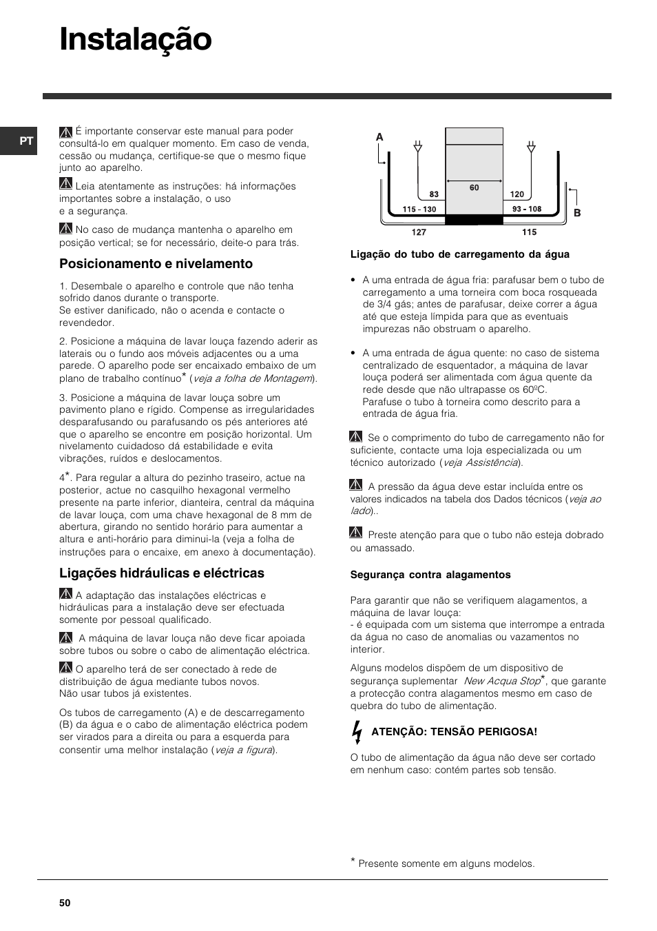 Instalação, Posicionamento e nivelamento, Ligações hidráulicas e eléctricas | Indesit DFG 262  EN User Manual | Page 50 / 84