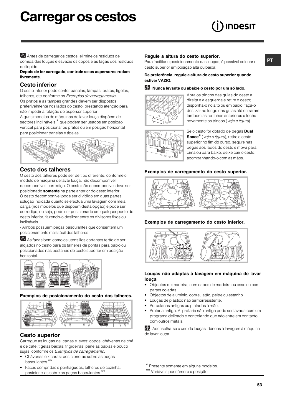 Carregar os cestos, Cesto inferior, Cesto dos talheres | Cesto superior | Indesit DFG 262  EN User Manual | Page 53 / 84