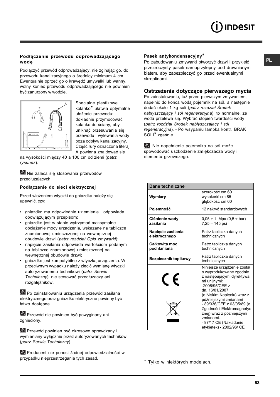 Ostrze¿enia dotycz¹ce pierwszego mycia | Indesit DFG 262  EN User Manual | Page 63 / 84