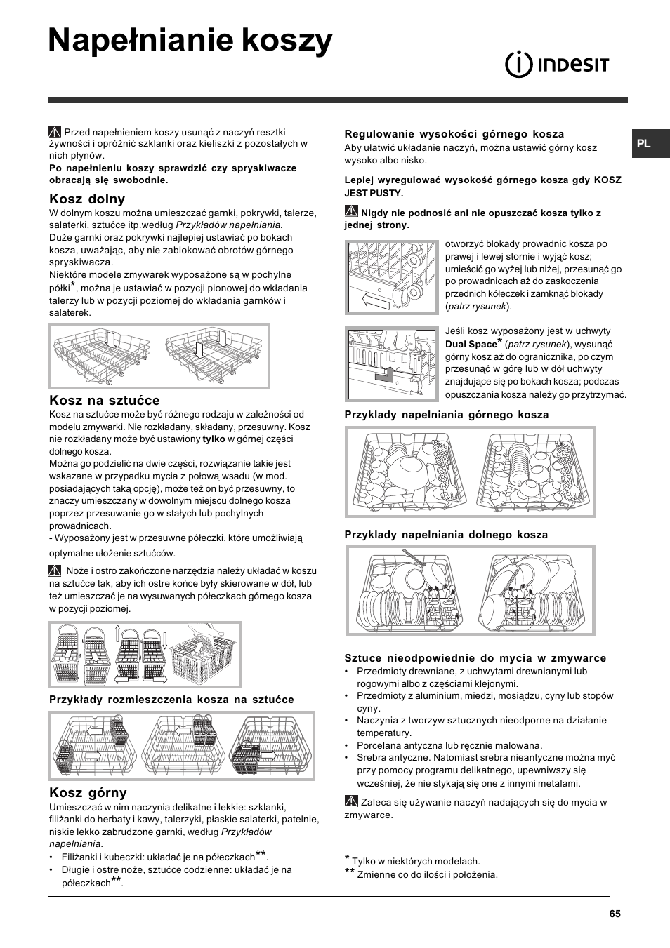 Nape³nianie koszy, Kosz dolny, Kosz na sztuæce | Kosz górny | Indesit DFG 262  EN User Manual | Page 65 / 84