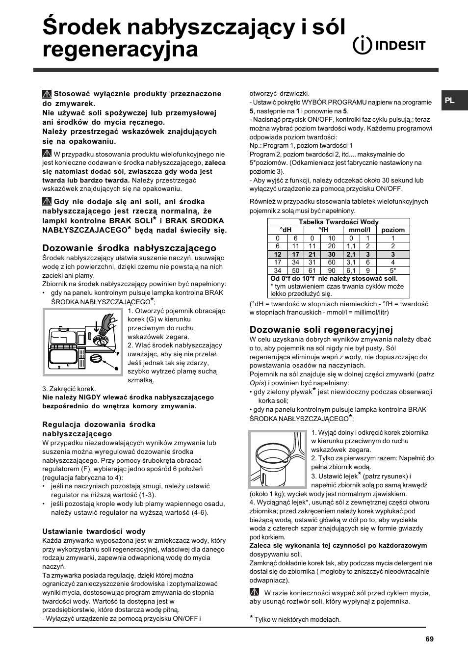 Rodek nab³yszczaj¹cy i sól regeneracyjna, Dozowanie rodka nab³yszczaj¹cego, Dozowanie soli regeneracyjnej | Indesit DFG 262  EN User Manual | Page 69 / 84