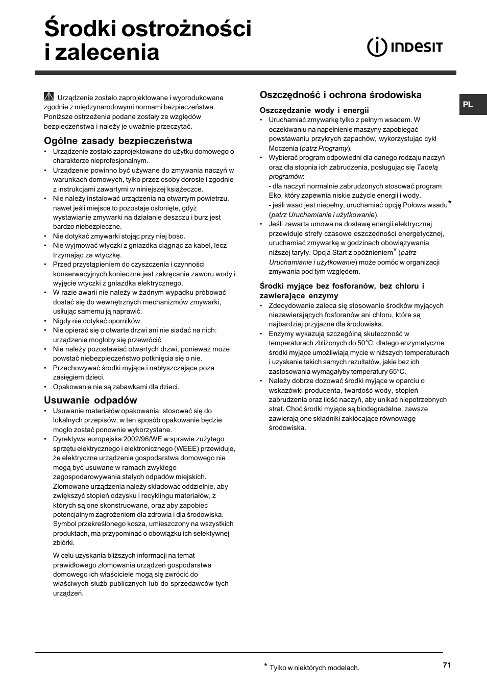 Rodki ostro¿noci i zalecenia, Ogólne zasady bezpieczeñstwa, Usuwanie odpadów | Oszczêdnoæ i ochrona rodowiska | Indesit DFG 262  EN User Manual | Page 71 / 84