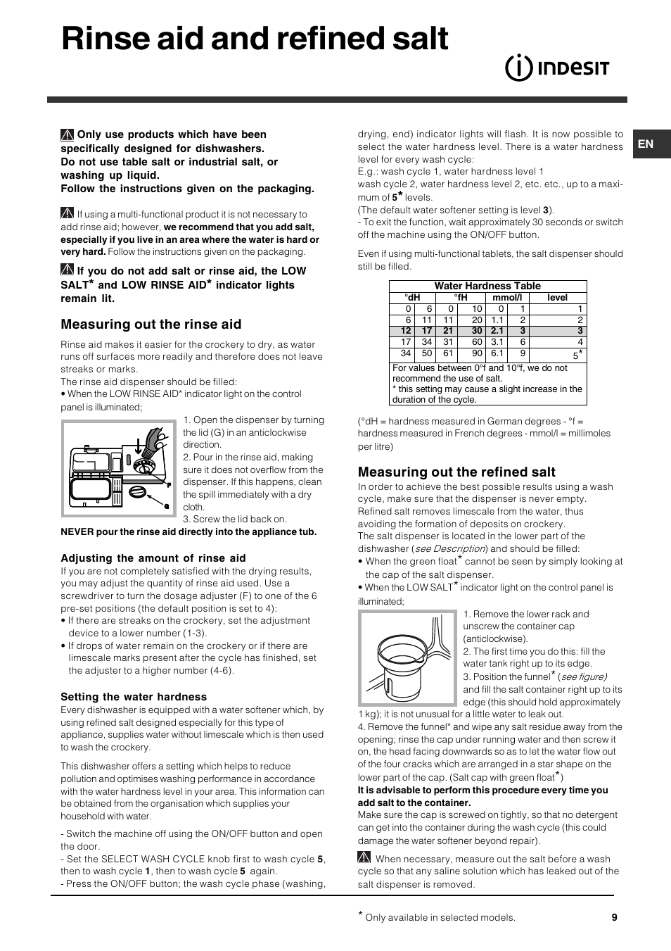 Rinse aid and refined salt, Measuring out the rinse aid, Measuring out the refined salt | Indesit DFG 262  EN User Manual | Page 9 / 84