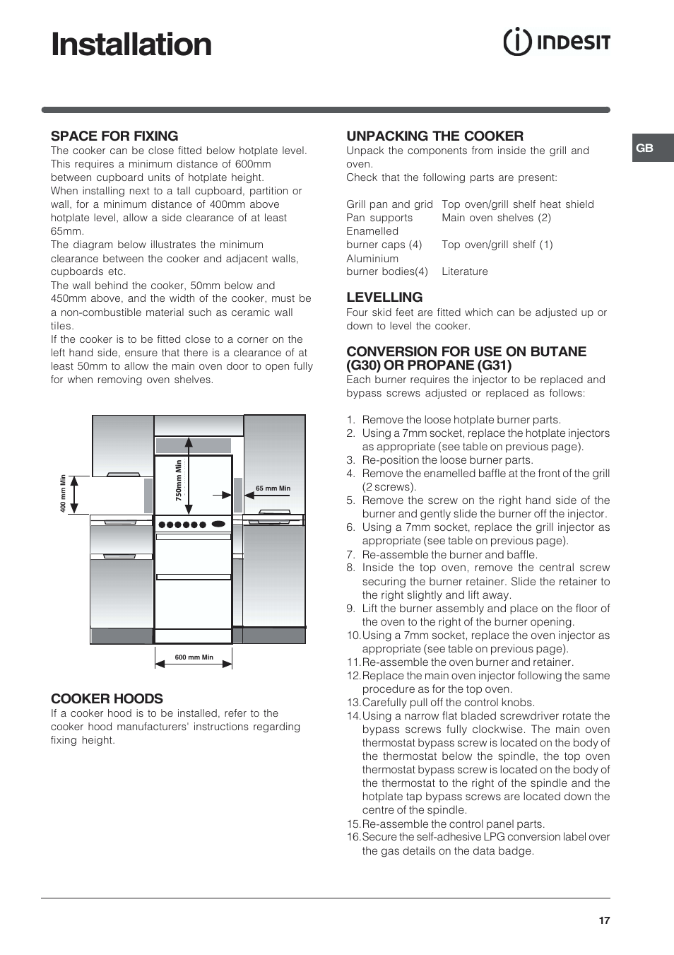 Installation, Space for fixing, Cooker hoods | Unpacking the cooker, Levelling | Indesit KD6G25SWIR User Manual | Page 17 / 24
