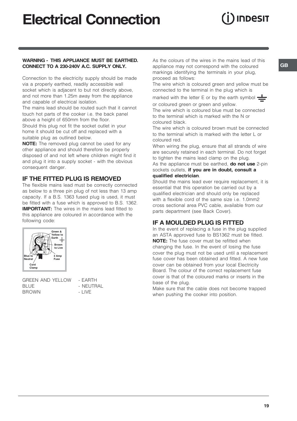 Electrical connection, If the fitted plug is removed, If a moulded plug is fitted | Indesit KD6G25SWIR User Manual | Page 19 / 24