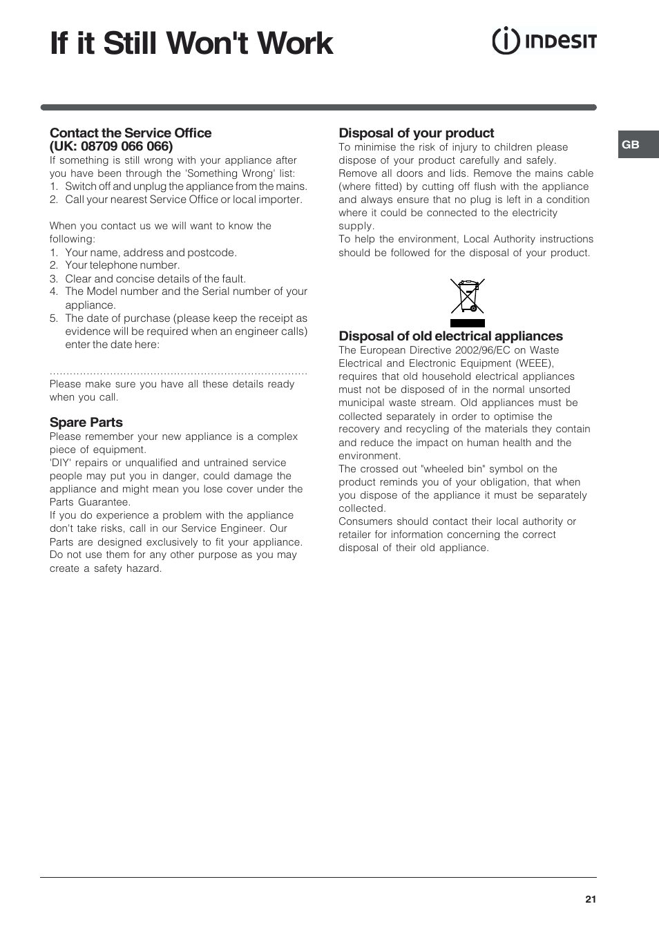 If it still won't work | Indesit KD6G25SWIR User Manual | Page 21 / 24