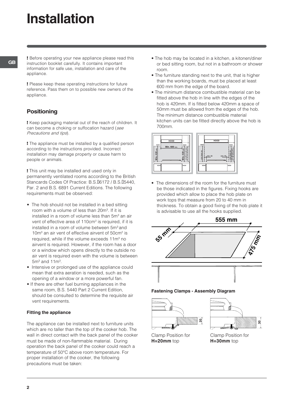 Installation, Positioning | Indesit PI640 TC GB User Manual | Page 2 / 12