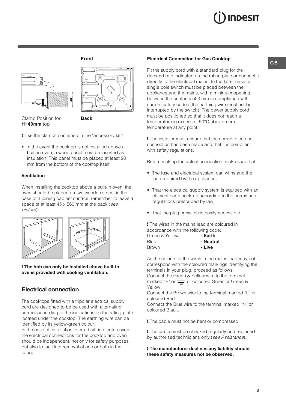 Electrical connection | Indesit PI640 TC GB User Manual | Page 3 / 12