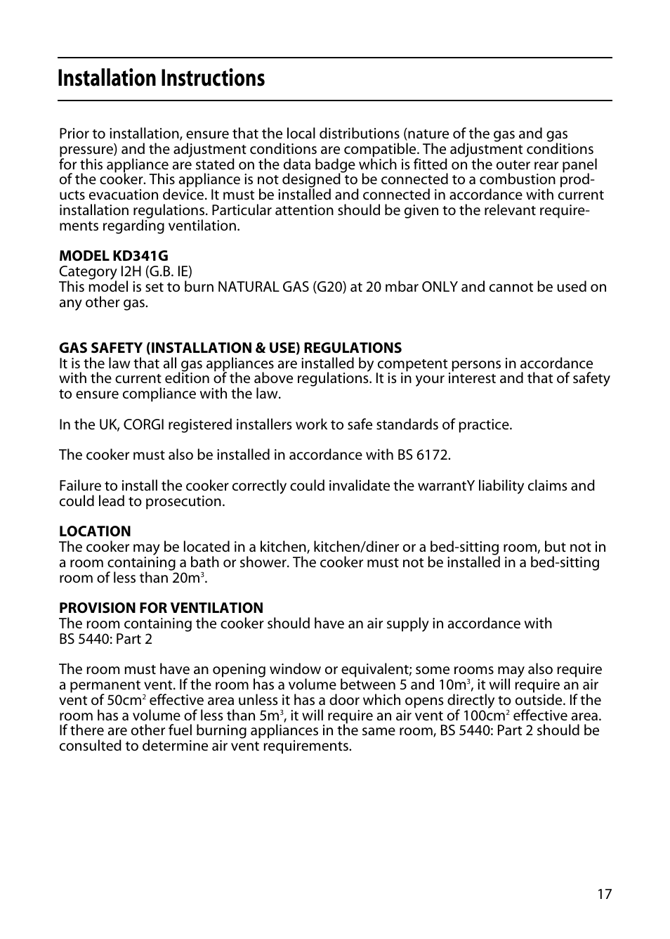 Installation instructions | Indesit KD341GW User Manual | Page 17 / 24