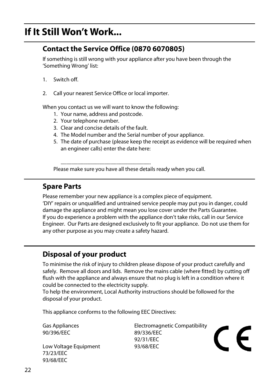 If it still won’t work, Disposal of your product | Indesit KD341GW User Manual | Page 22 / 24