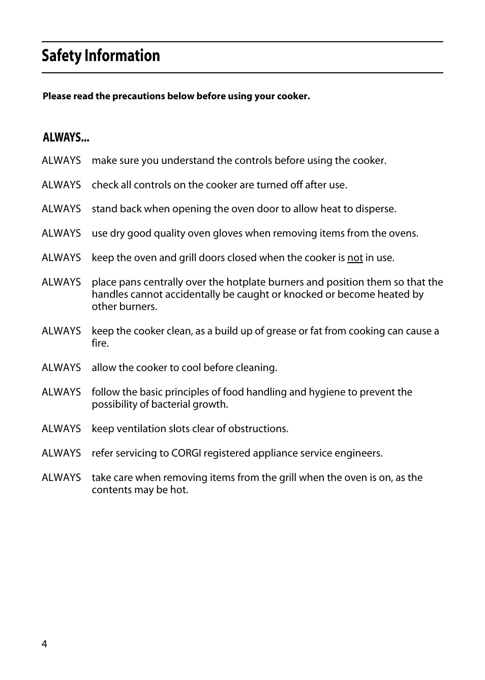 Safety information, Always | Indesit KD341GW User Manual | Page 4 / 24