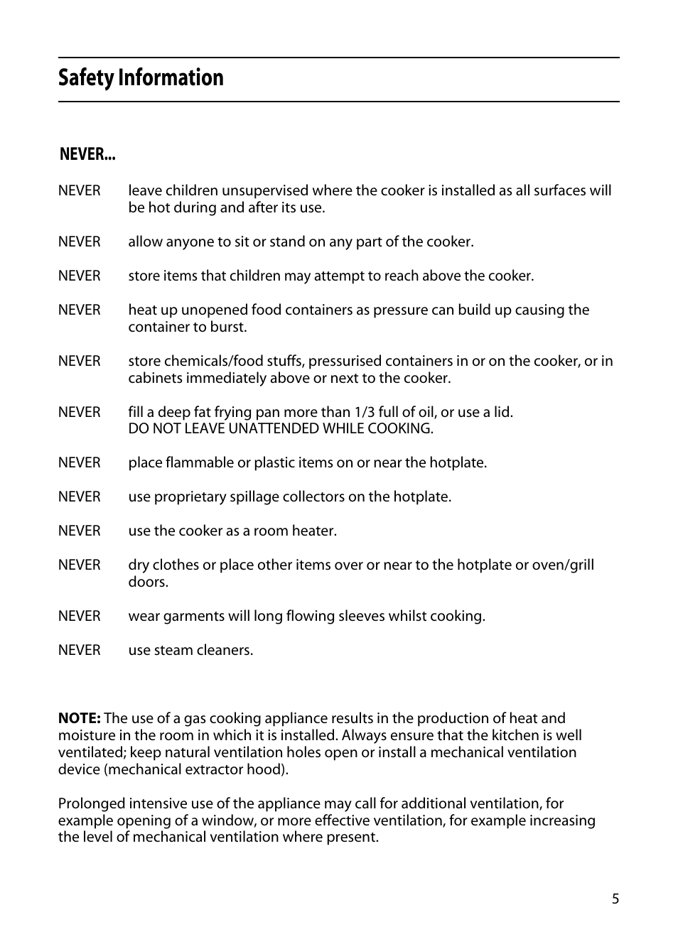 Safety information, Never | Indesit KD341GW User Manual | Page 5 / 24