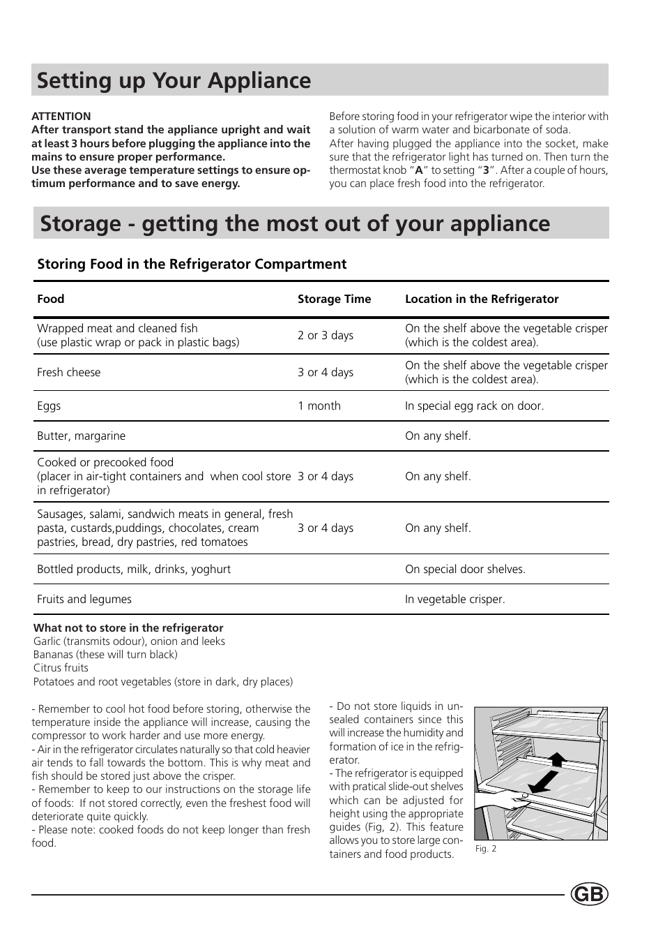 Storage - getting the most out of your appliance, Setting up your appliance | Indesit SA300 I User Manual | Page 7 / 12