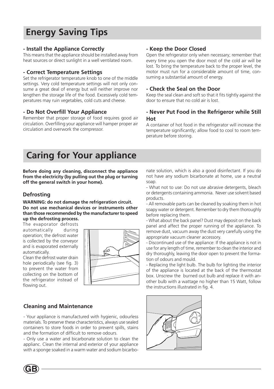 Energy saving tips, Caring for your appliance | Indesit SA300 I User Manual | Page 8 / 12