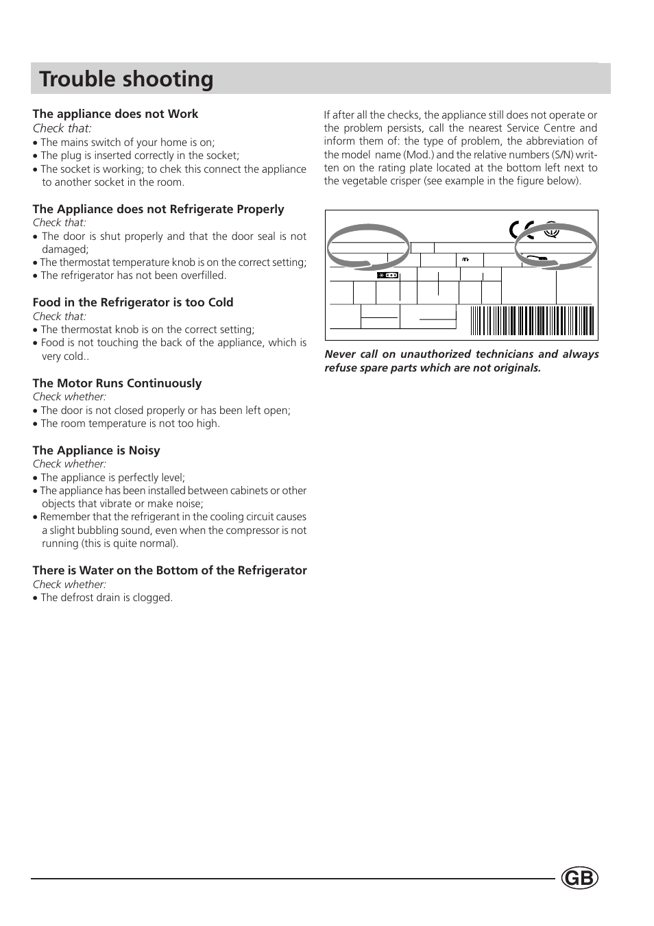 Trouble shooting, The appliance does not work check that, The appliance does not refrigerate properly | Food in the refrigerator is too cold, The motor runs continuously, The appliance is noisy, There is water on the bottom of the refrigerator | Indesit SA300 I User Manual | Page 9 / 12