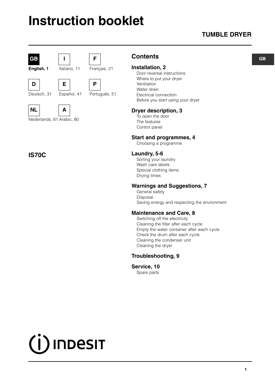 Indesit IS70C User Manual | 80 pages