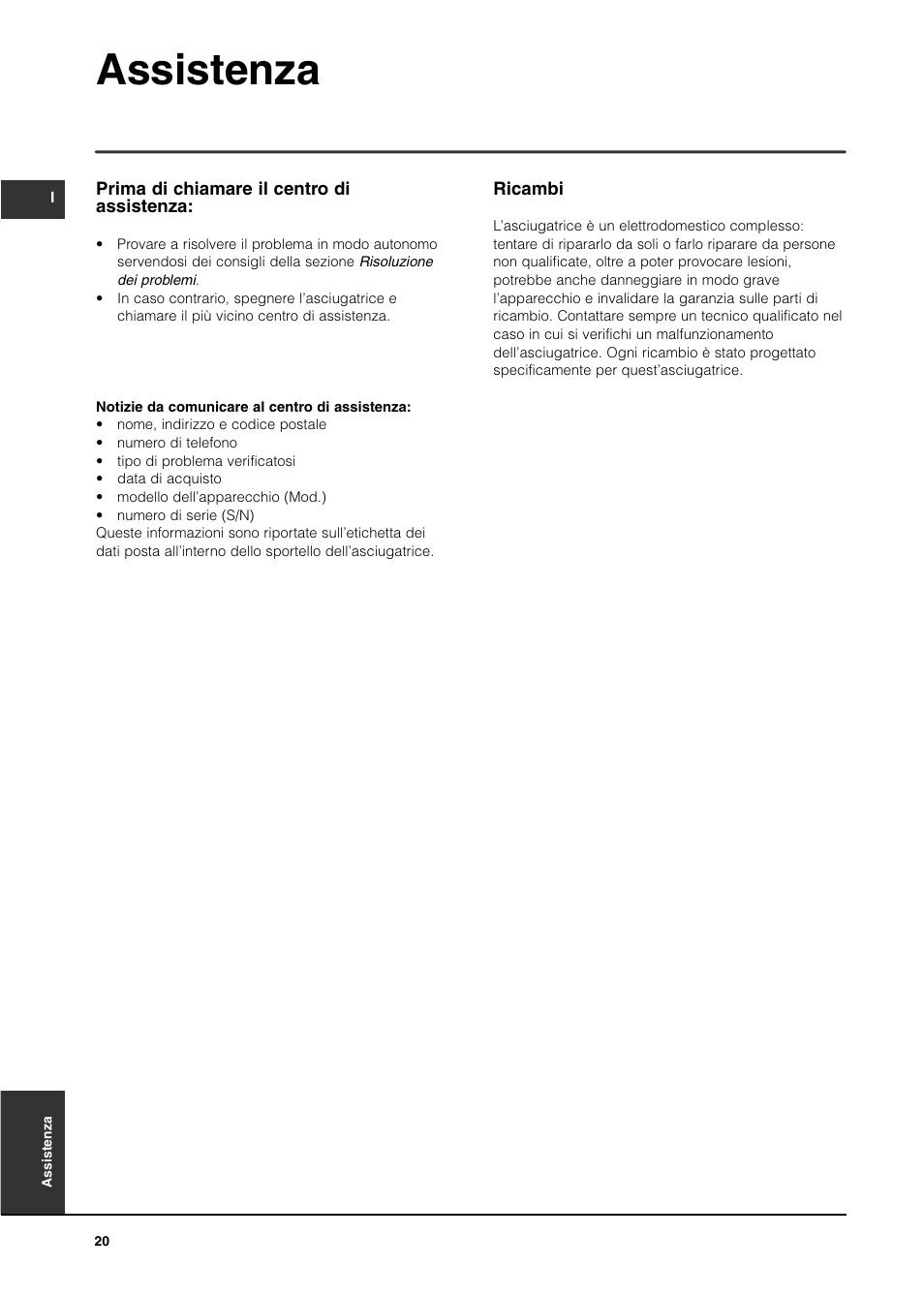Assistenza | Indesit IS70C User Manual | Page 20 / 80