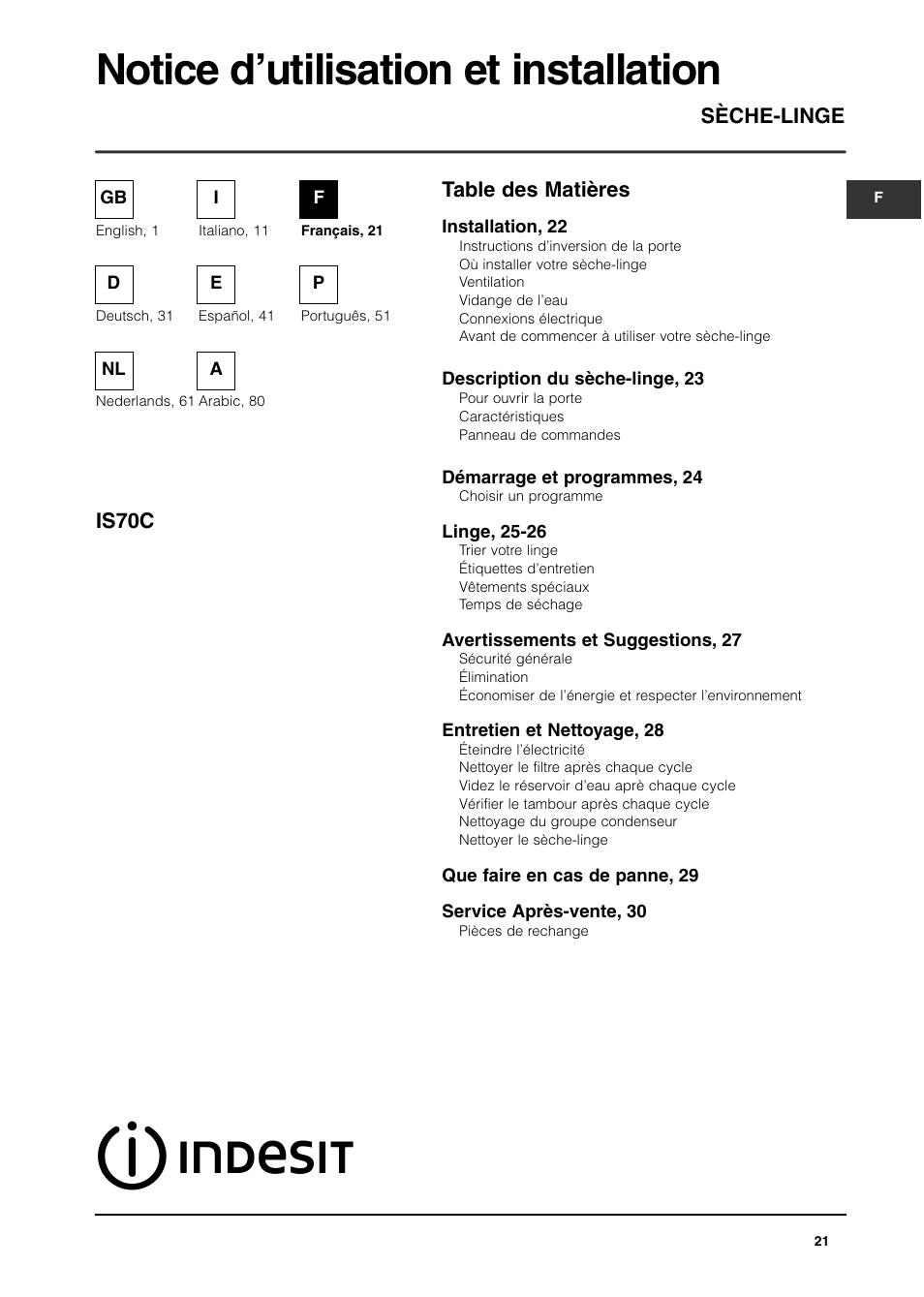 Indesit IS70C User Manual | Page 21 / 80