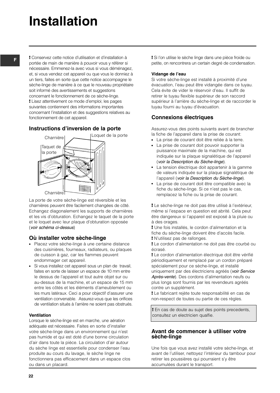 Installation, Instructions d’inversion de la porte, Où installer votre sèche-linge | Connexions électriques, Avant de commencer à utiliser votre sèche-linge | Indesit IS70C User Manual | Page 22 / 80