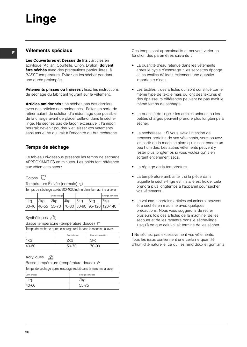 Linge, Vêtements spéciaux, Temps de séchage | Indesit IS70C User Manual | Page 26 / 80
