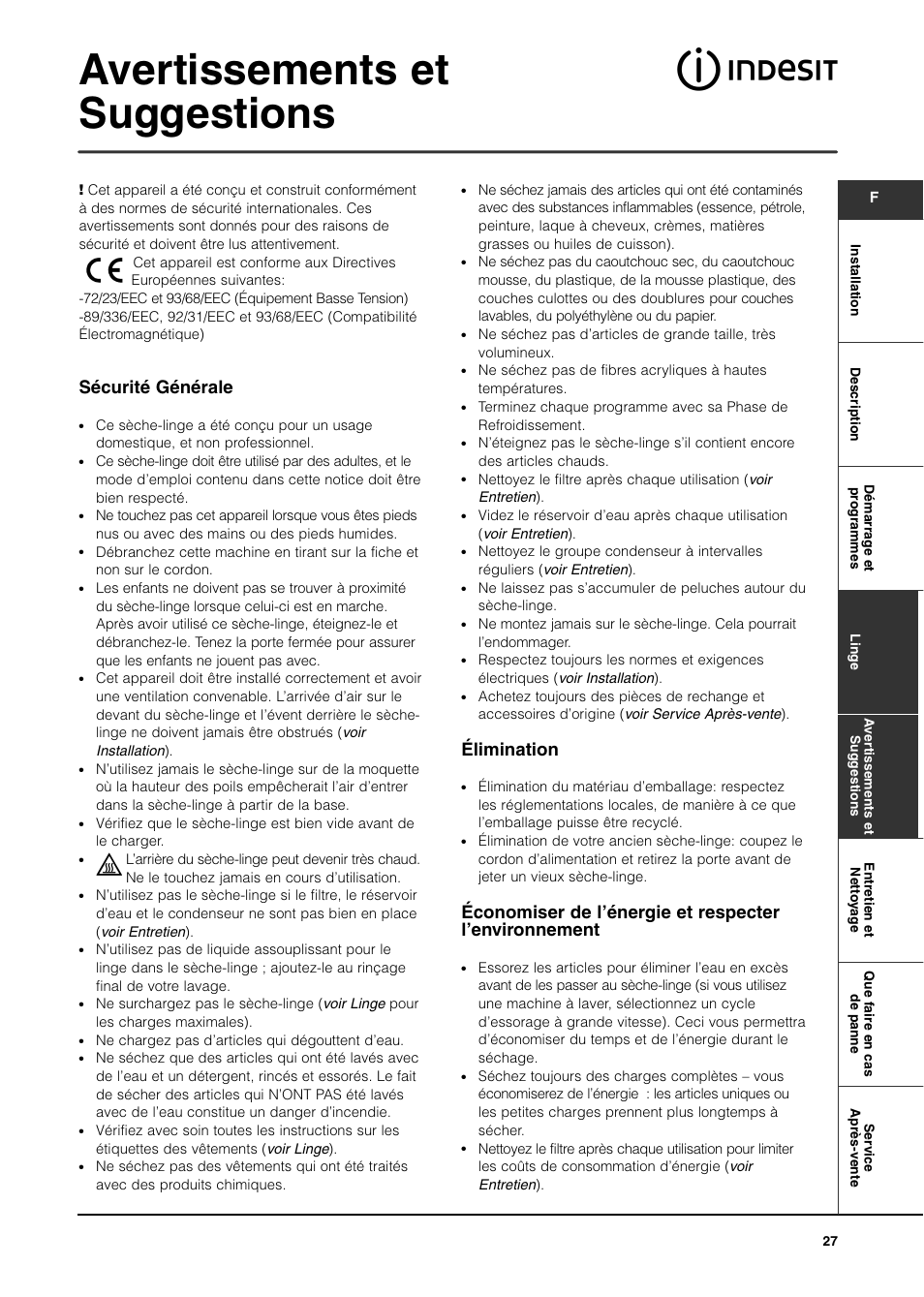 Avertissements et suggestions, Sécurité générale, Élimination | Indesit IS70C User Manual | Page 27 / 80